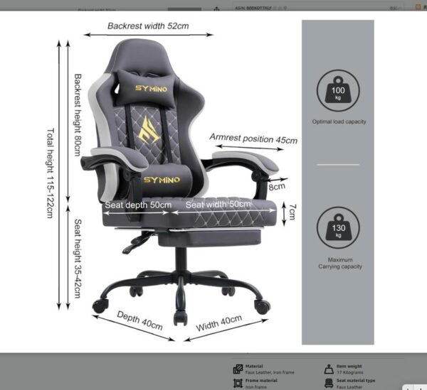 Symino Ergonomic Gaming Chair – Adjustable Swivel Chair with Footrest for Comfortable Gaming - Image 6